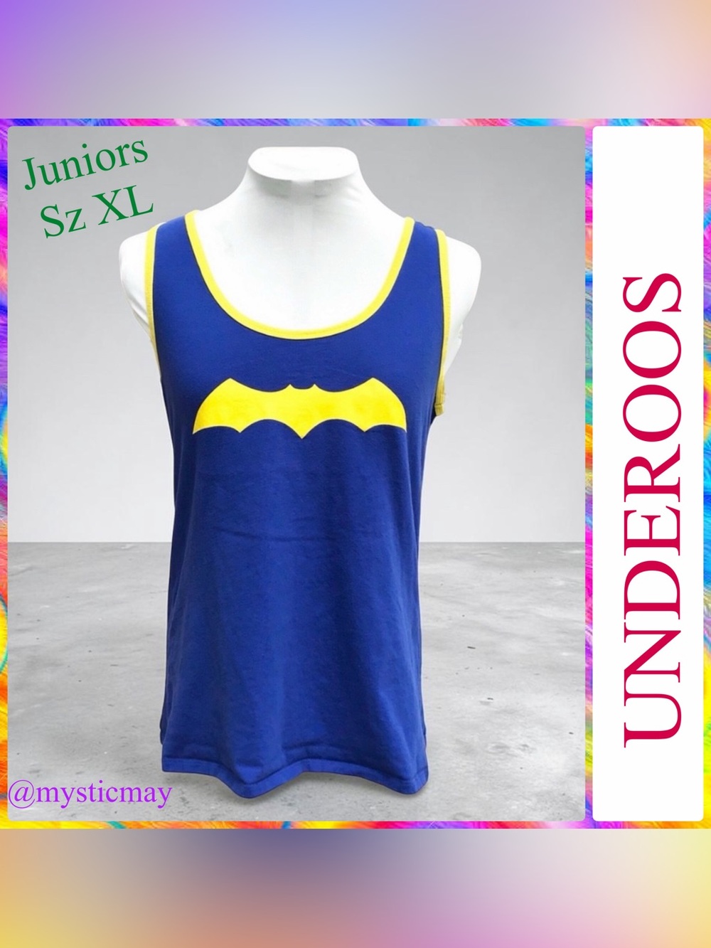 UNDEROOS Classic Blue w Yellow Batman Logo Scoop Neck Sleep Tank Top Size XL